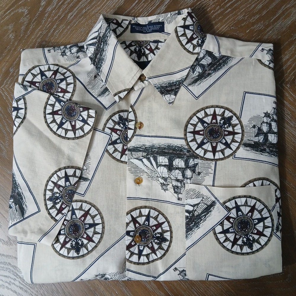 Lawton Harbor Men Short Sleeve Sz L Button Up Cream Black Nautical Print Linen